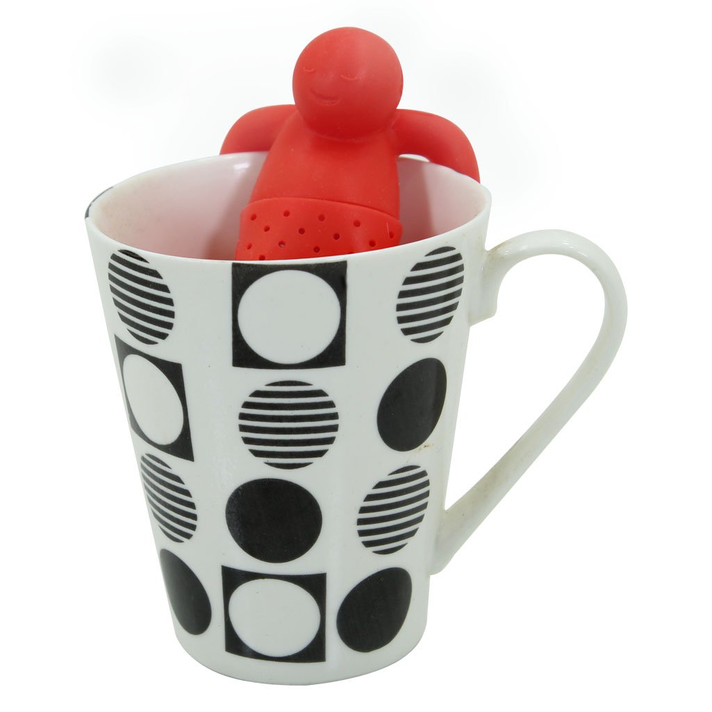 Kit Caneca Poá Bolinhas Monocromática Cerâmica 330ml E Boneco Infusor de Chá Silicone