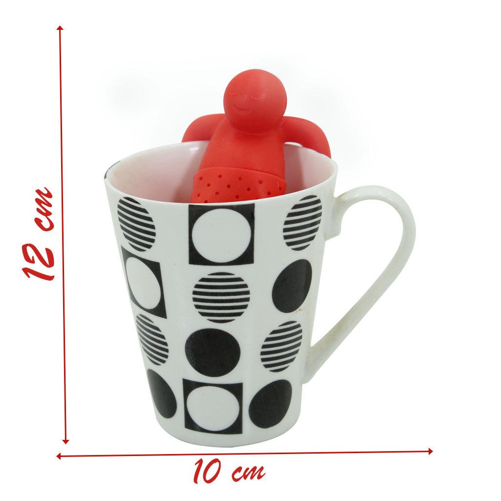 Kit Caneca Poá Bolinhas Monocromática Cerâmica 330ml E Boneco Infusor de Chá Silicone