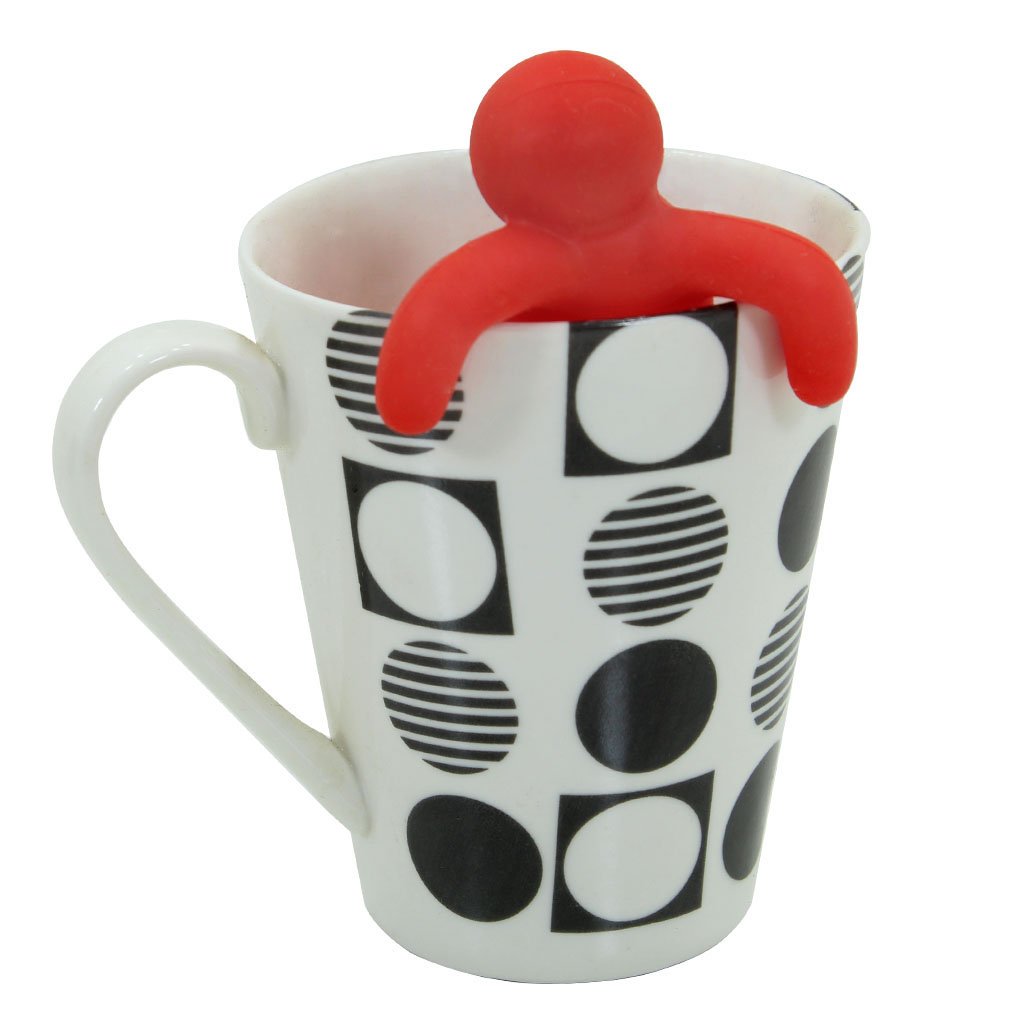Kit Caneca Poá Bolinhas Monocromática Cerâmica 330ml E Boneco Infusor de Chá Silicone
