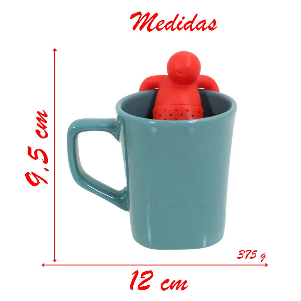 Kit Caneca Reta Colours Verde Cerâmica 330ml E Boneco Infusor de Chá Silicone