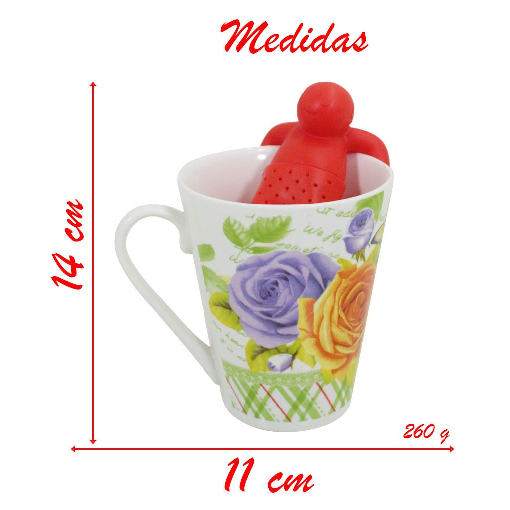 Kit Caneca Vintage Floral Estampada Cerâmica 330ml E Boneco Infusor de Chá Silicone
