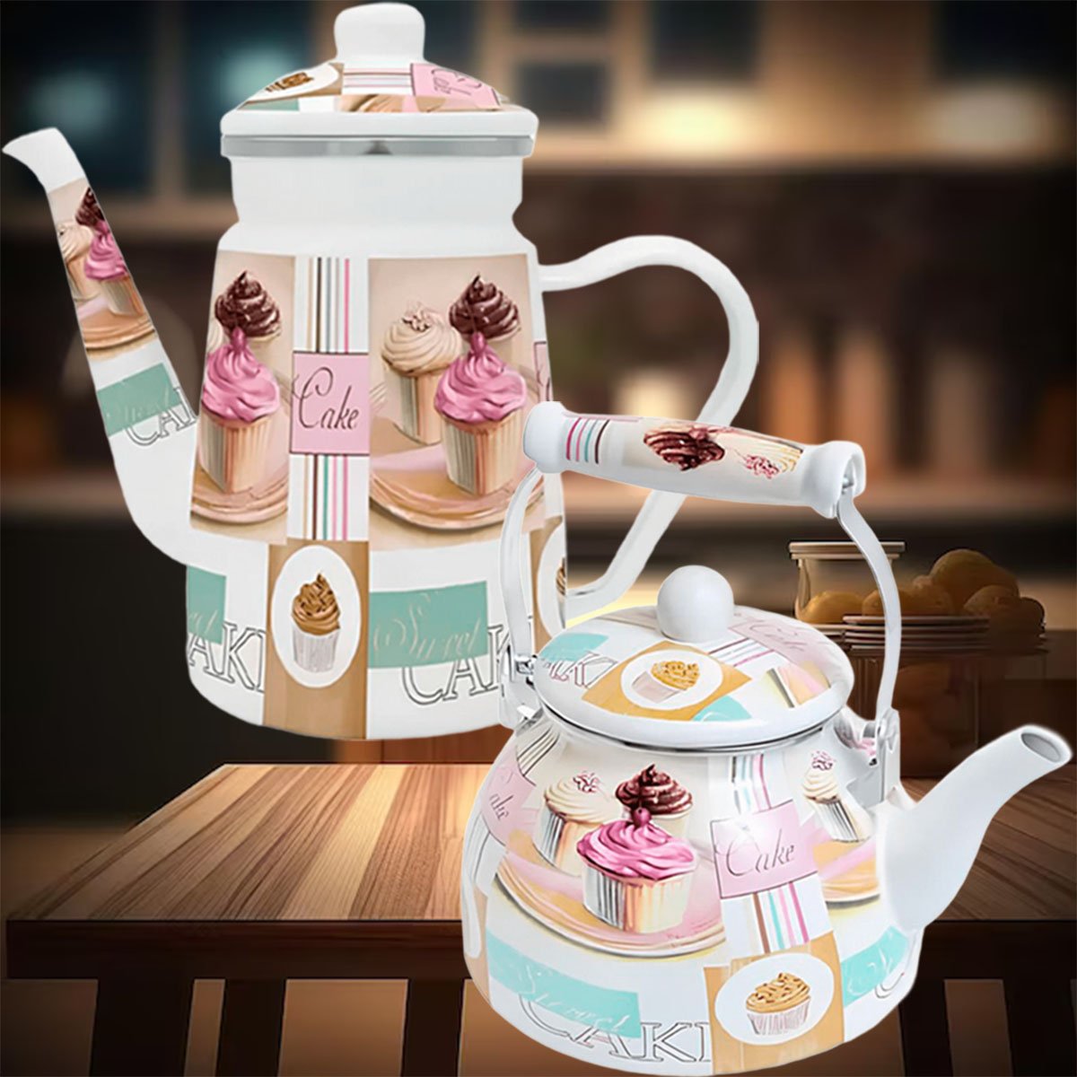 Kit Chaleira 2,5L Bule 1,2L Cake Esmaltados Indução Vintage