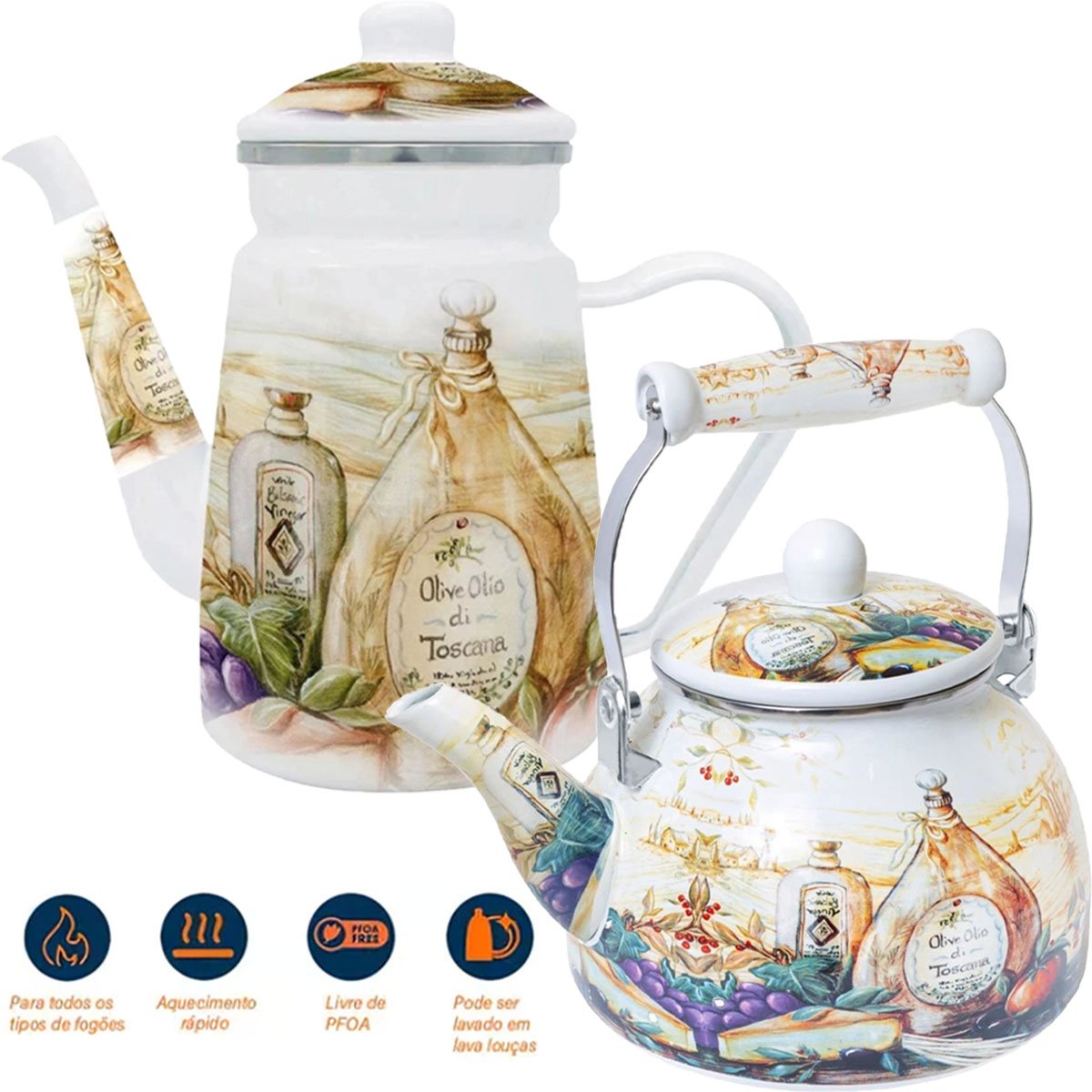 Kit Chaleira 2,5L Bule 1,2L Italy Esmaltados Indução Vintage