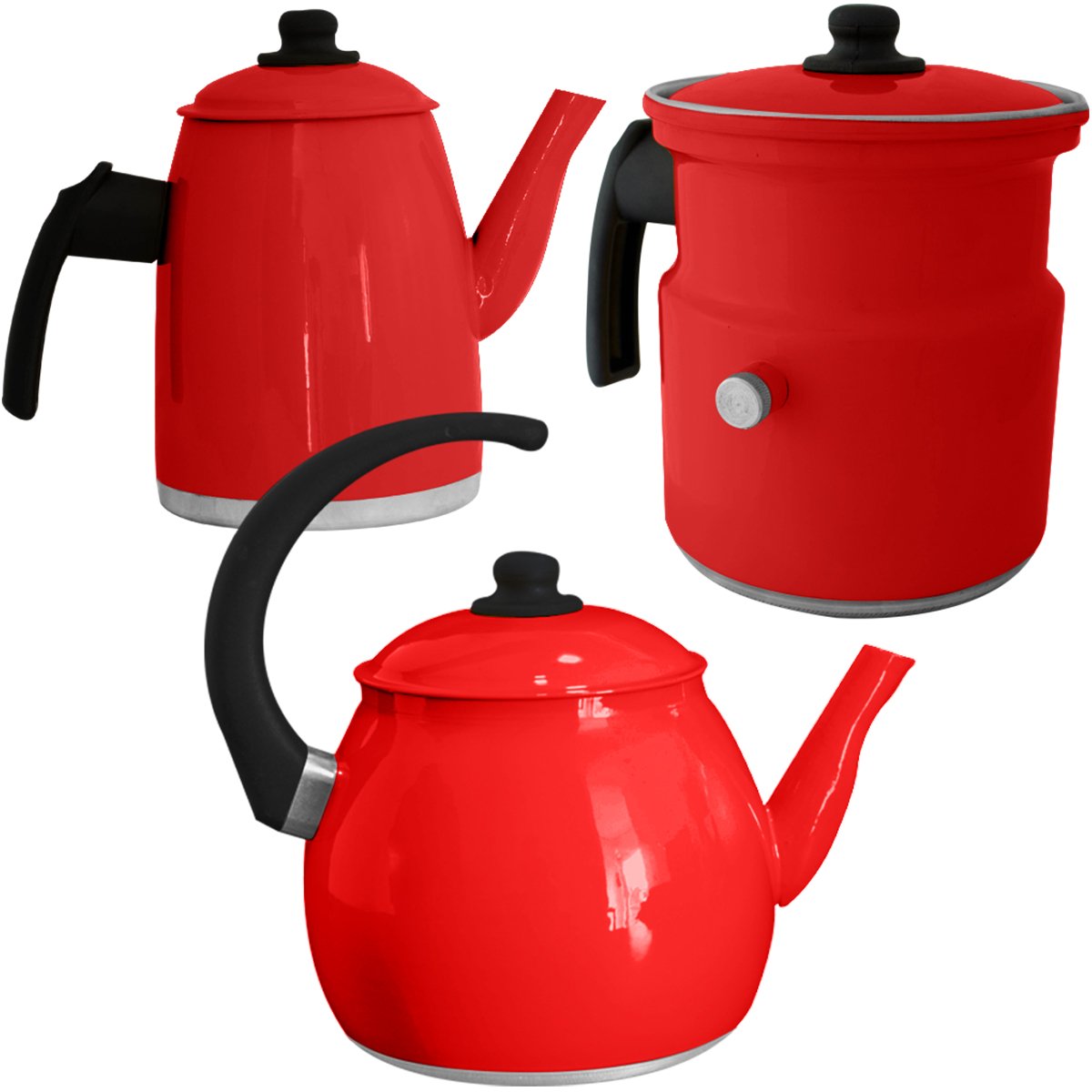 Kit Chaleira Leiteira E Bule Gulê Alumínio 3 Peças Vermelho