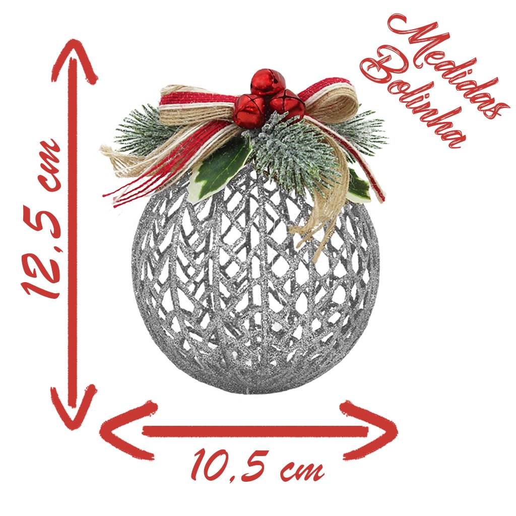 Kit Conjunto 12 Peças Decoração Enfeite Bola Árvore Natal Prata Glitter Natalina 12,5cm