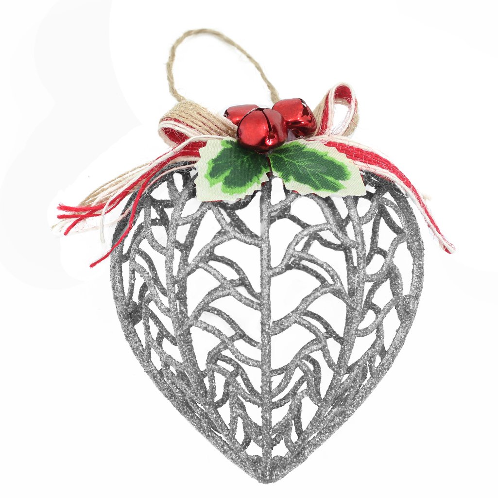 Kit Conjunto 6 Peças Decoração Enfeite Bola Coração Árvore Natal Prata Glitter Natalina 11,5cm