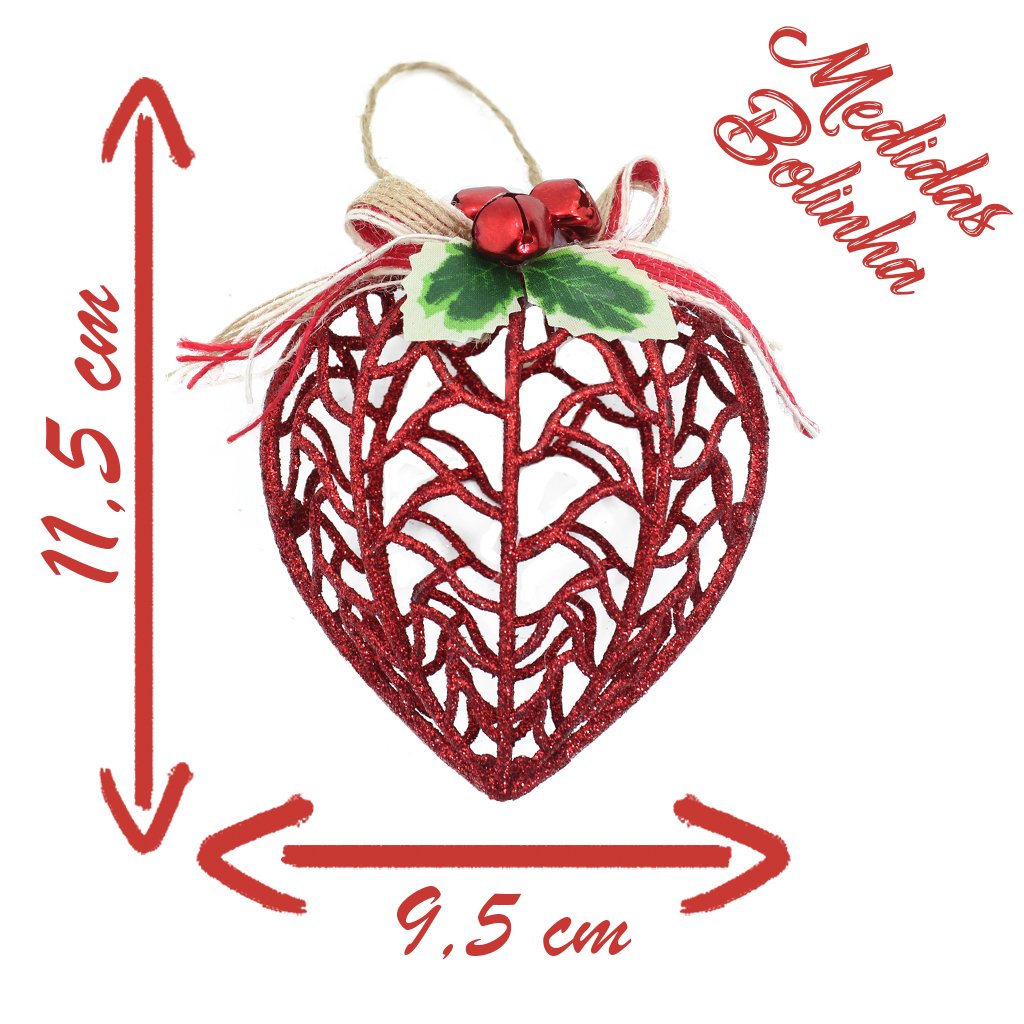 Kit Conjunto 6 Peças Decoração Enfeite Bola Coração Árvore Natal Vermelha Glitter Natalina 11,5cm