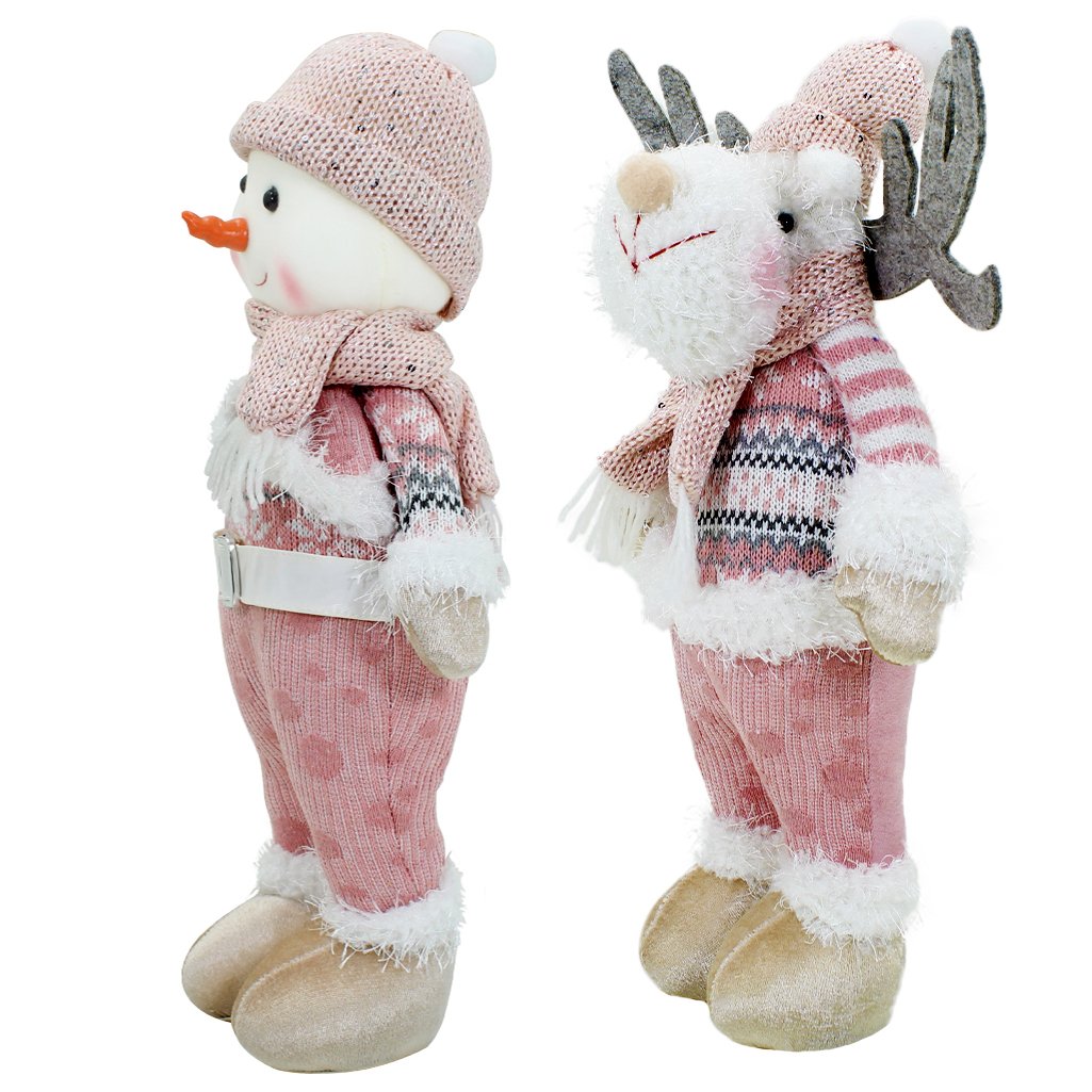 Kit Dupla Boneco Natal Rena Boneca de Neve Rosa Natalina Tecido 44,5cm