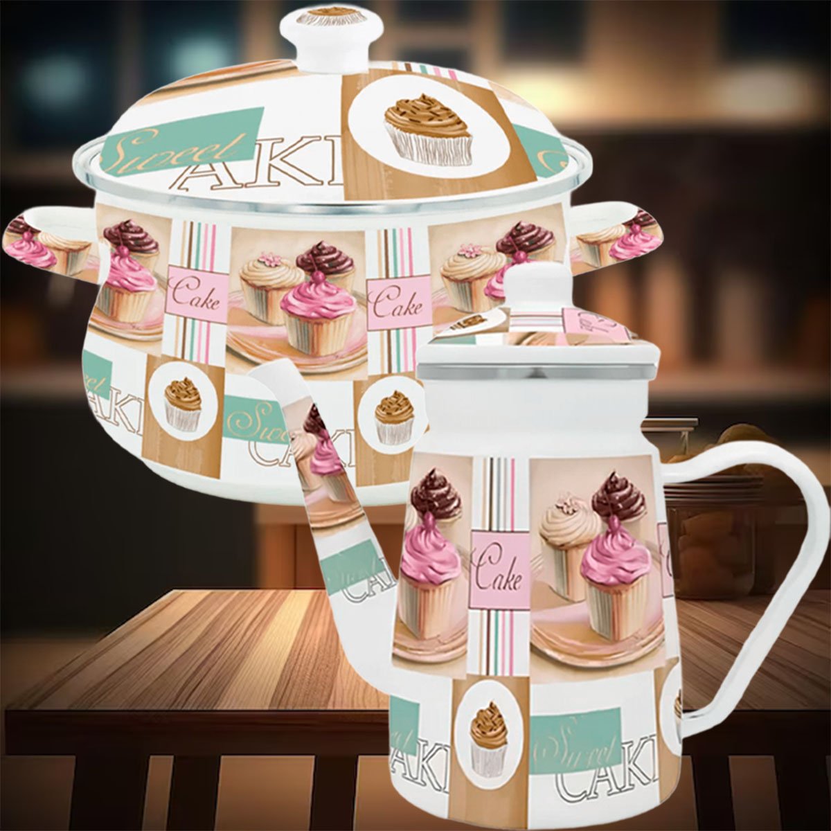 Kit Panela Caçarola Bule Cake Esmaltados Com Indução Vintage