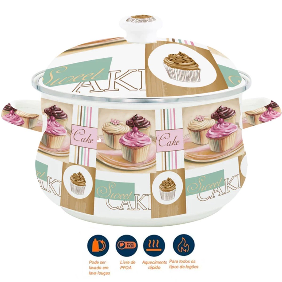 Kit Panela Caçarola Bule Cake Esmaltados Com Indução Vintage
