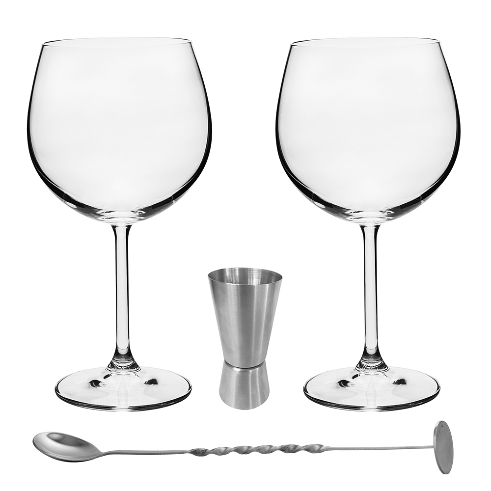 Kit para Gin com 2 Taças Gin, 01 Dosador Duplo, 01 Colher Bailarina 