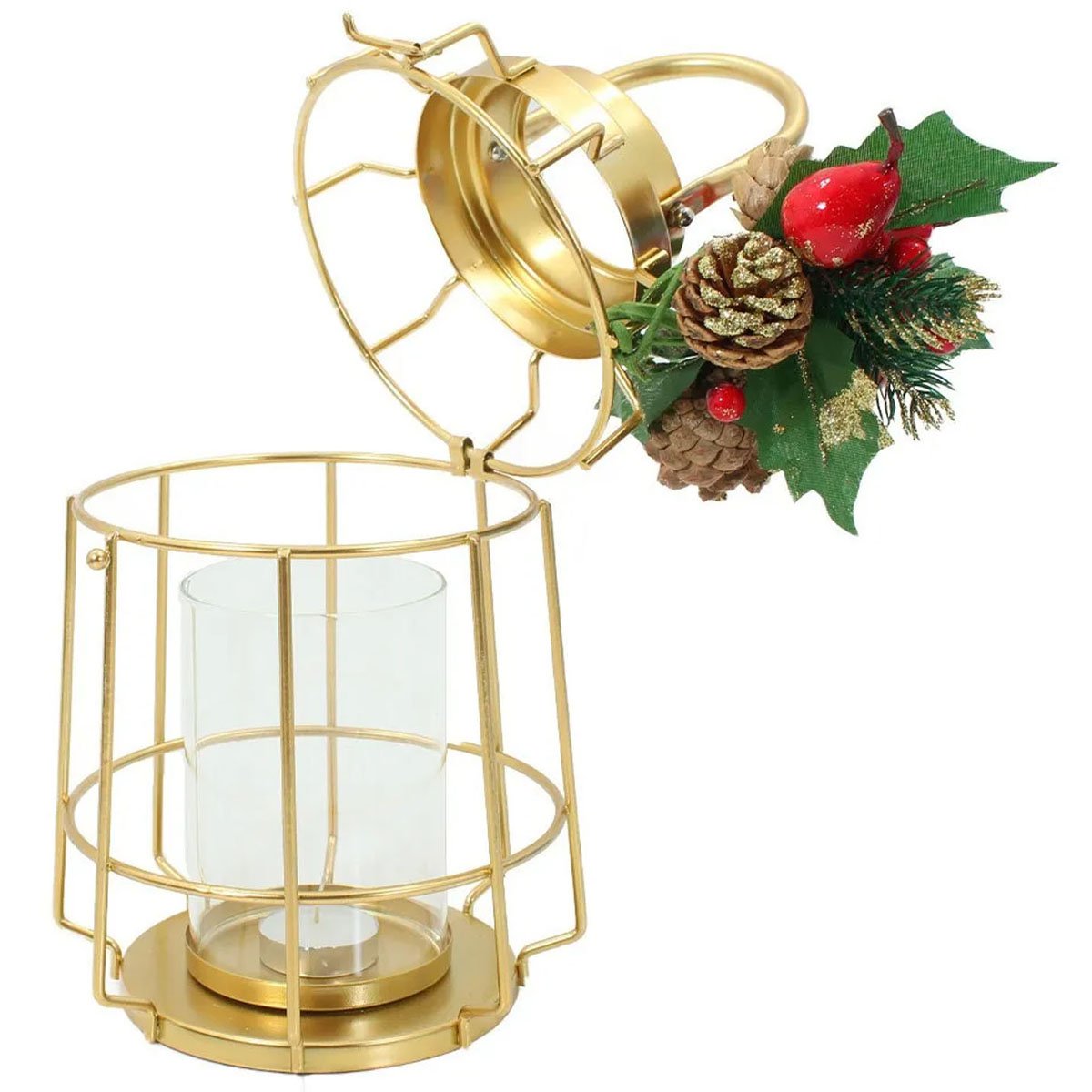 Lamparina Luminária Natal Dourada Em Metal Decorativa 30cm