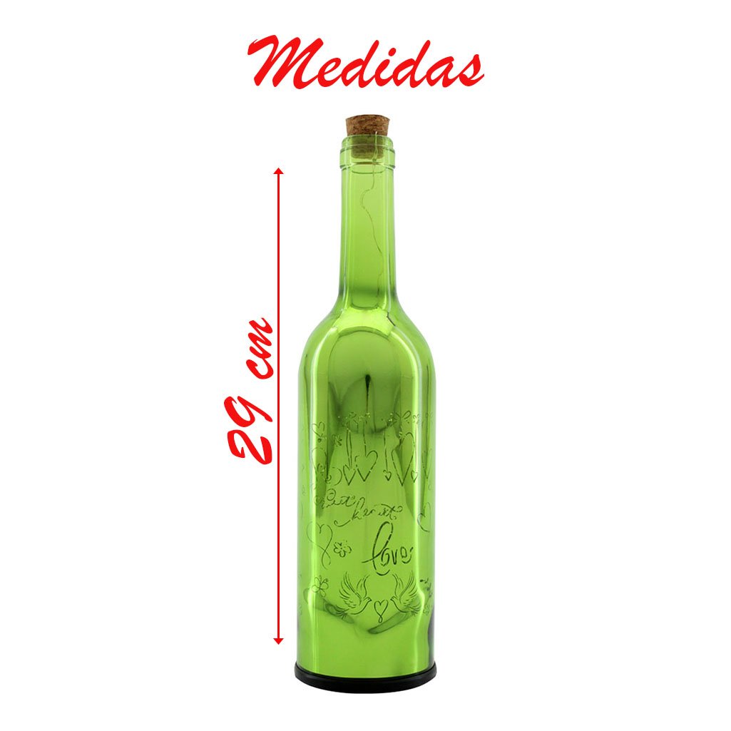 Luminária Garrafa Decorativa De Vidro Verde Com Led 29Cm