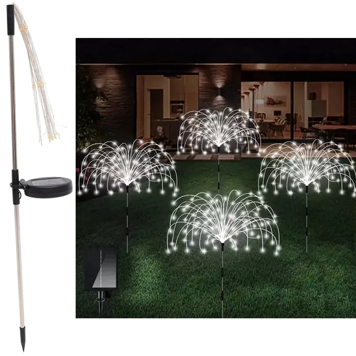 Luminária Solar Decoração LEDs Branco Fogos Artifício Jardim
