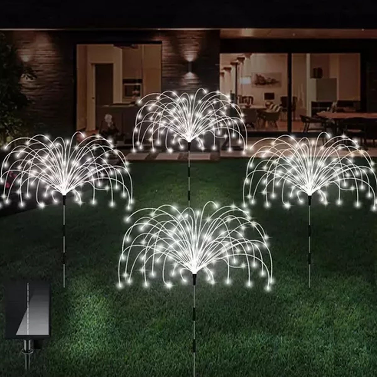 Luminária Solar Decoração LEDs Branco Fogos Artifício Jardim
