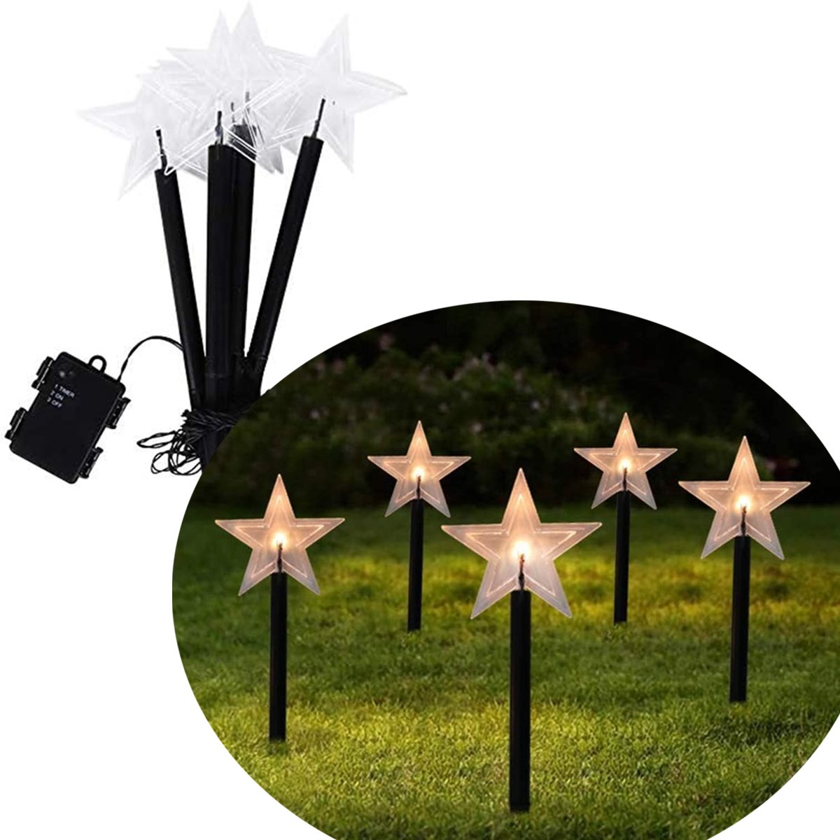 Pisca 5 Estrela LEDs Solar Amarelo Jardim Noel Natal De 2,5M