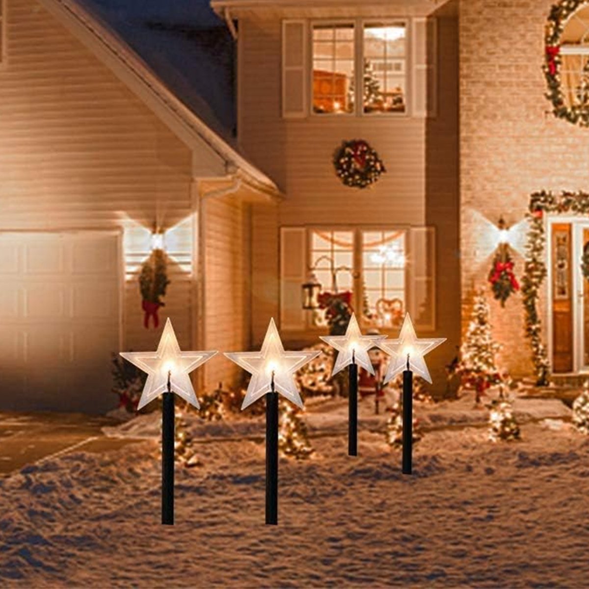 Pisca 5 Estrela LEDs Solar Amarelo Jardim Noel Natal De 2,5M