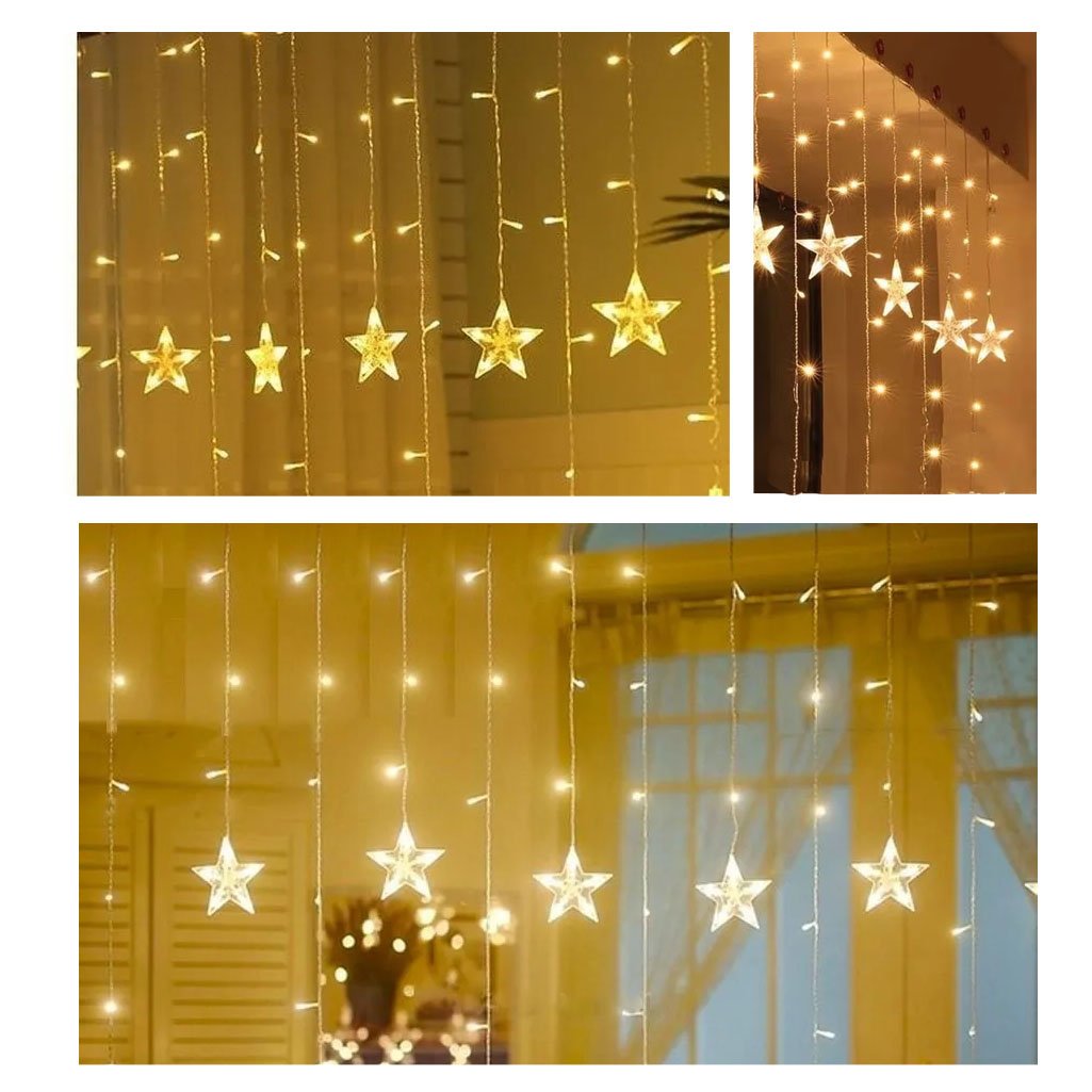 Pisca Cascata Estrelas 405 LEDs Amarelo Fio Branco 10M 220v
