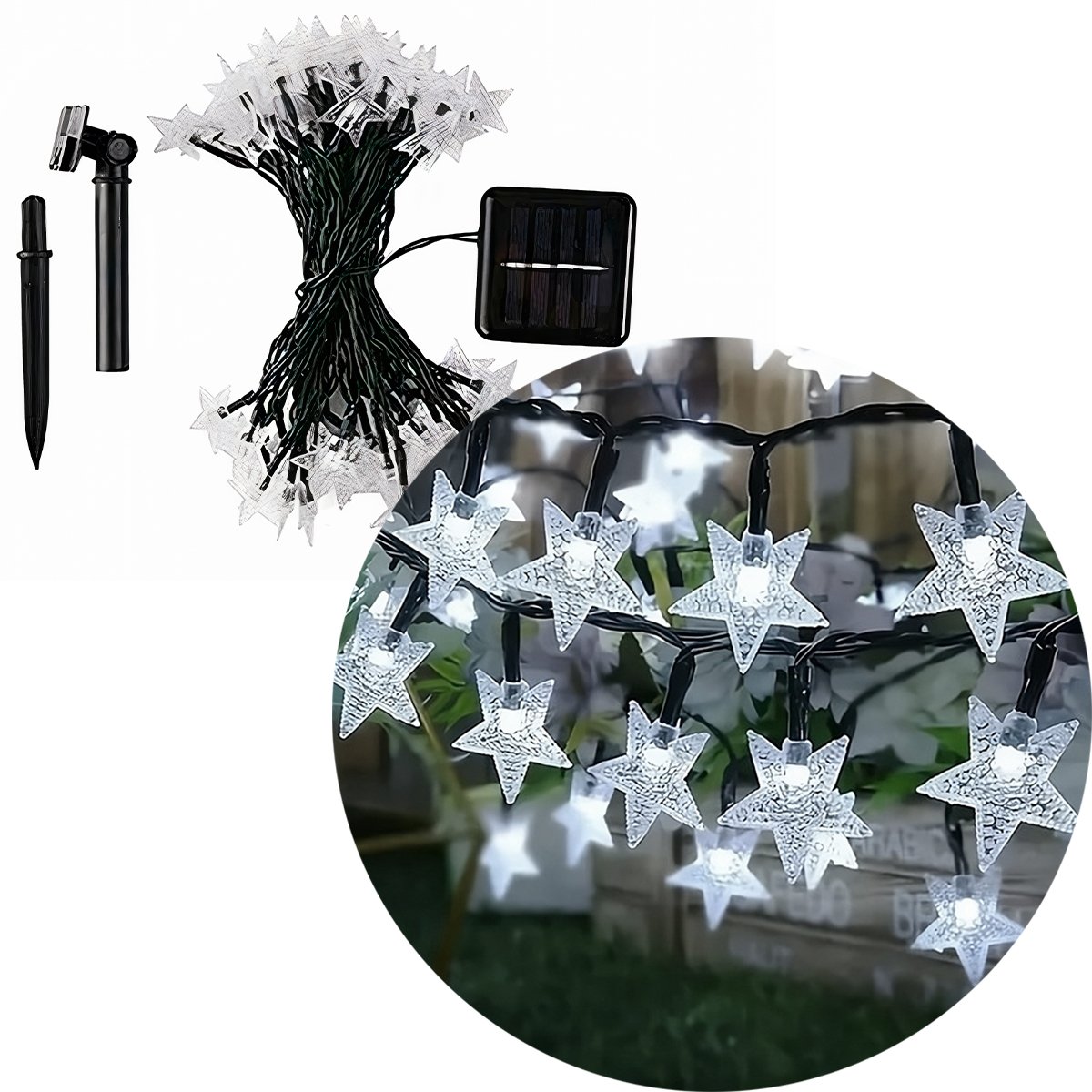 Pisca Cordão Estrelas Solar Externo Jardim 5M 20LEDs Branco