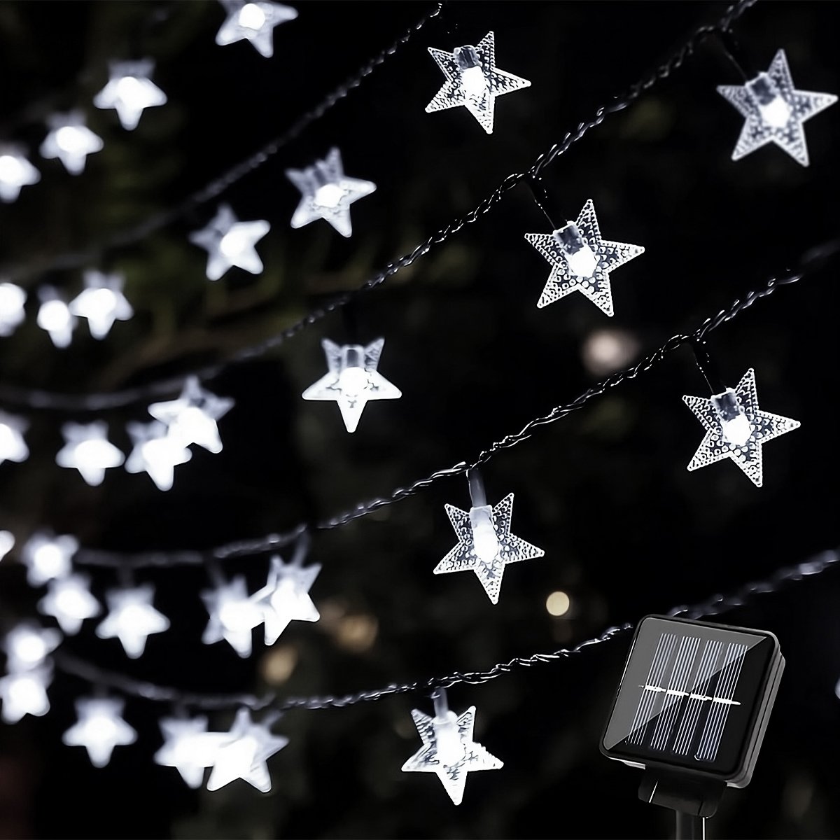 Pisca Cordão Estrelas Solar Externo Jardim 5M 20LEDs Branco