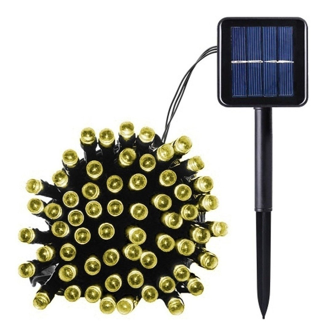 Pisca Cordão Solar Natal LED 100 Lâmpadas Luz Amarela 10m