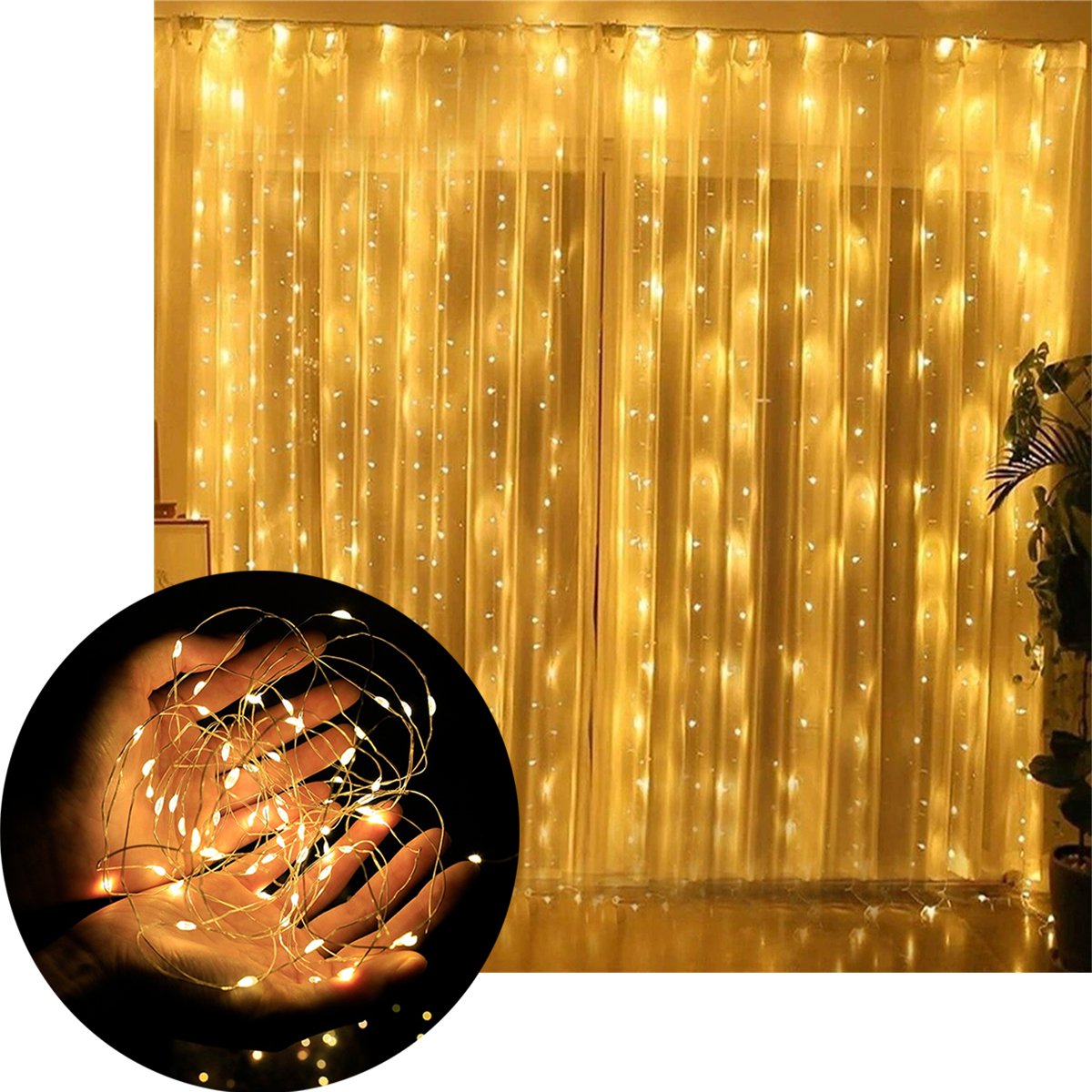 Pisca Cortina Natal 200 Lâmpadas LEDs Amarelo 3x2M 110-220v