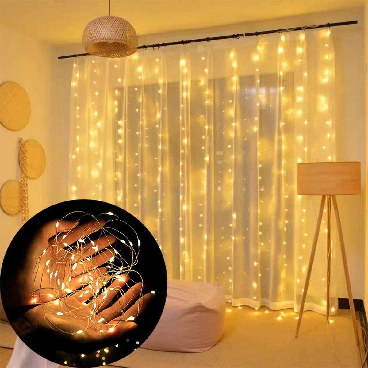 Pisca Cortina Natal 200 Lâmpadas LEDs Amarelo 3x2M 110-220v