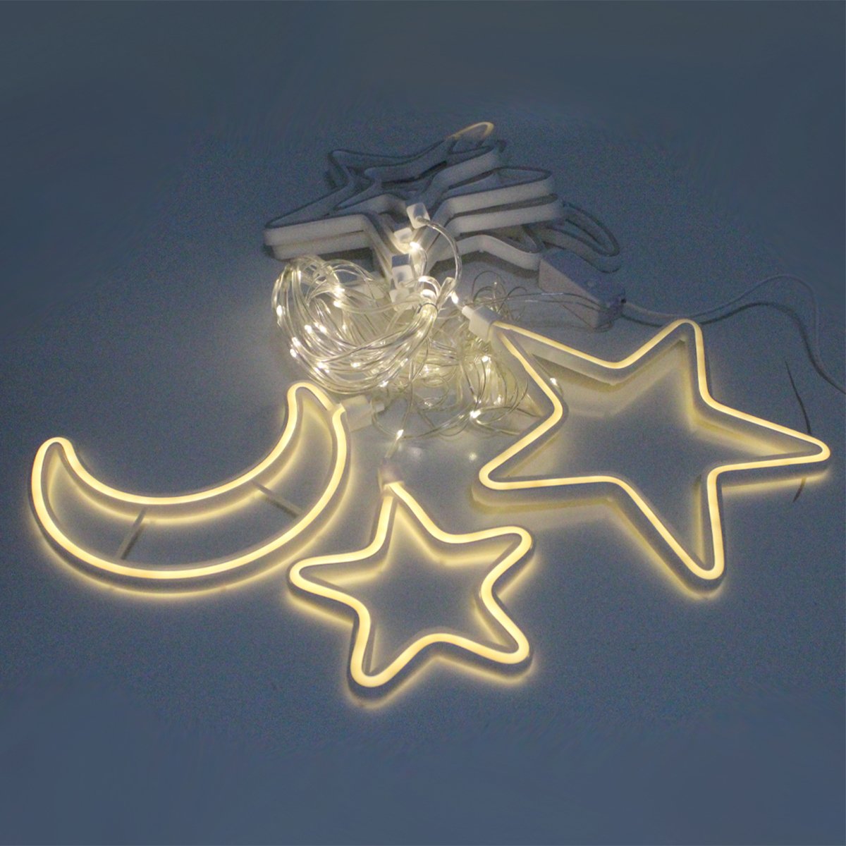 Pisca Cortina Varal LEDs Amarela Estrelas Luas Natal De 2,5M