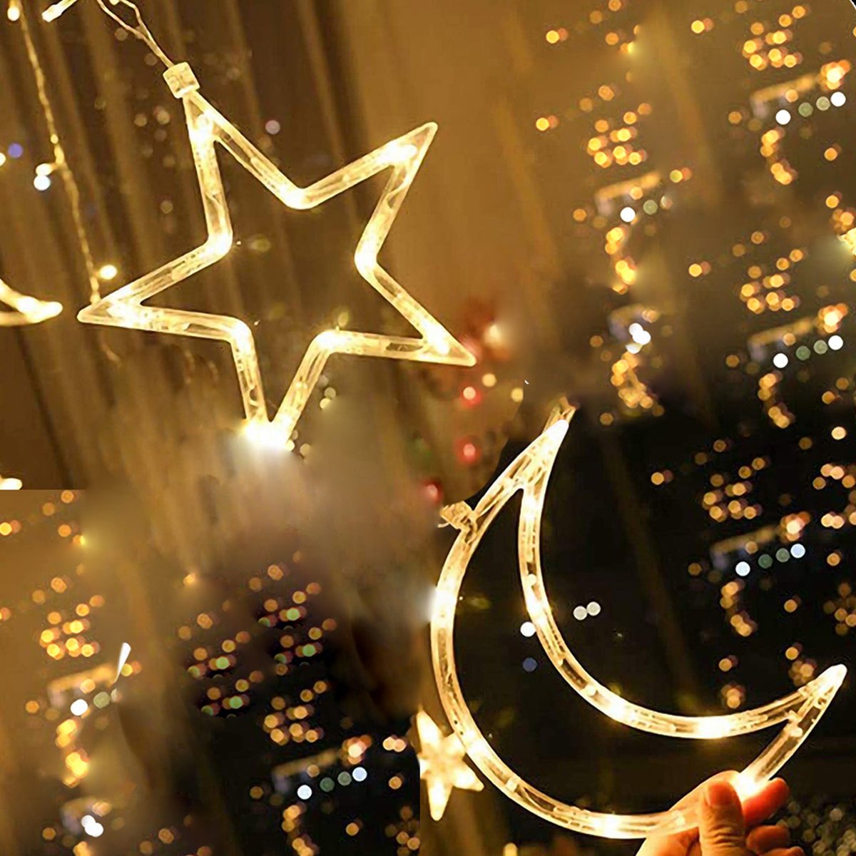 Pisca Cortina Varal LEDs Amarela Estrelas Luas Natal De 2,5M