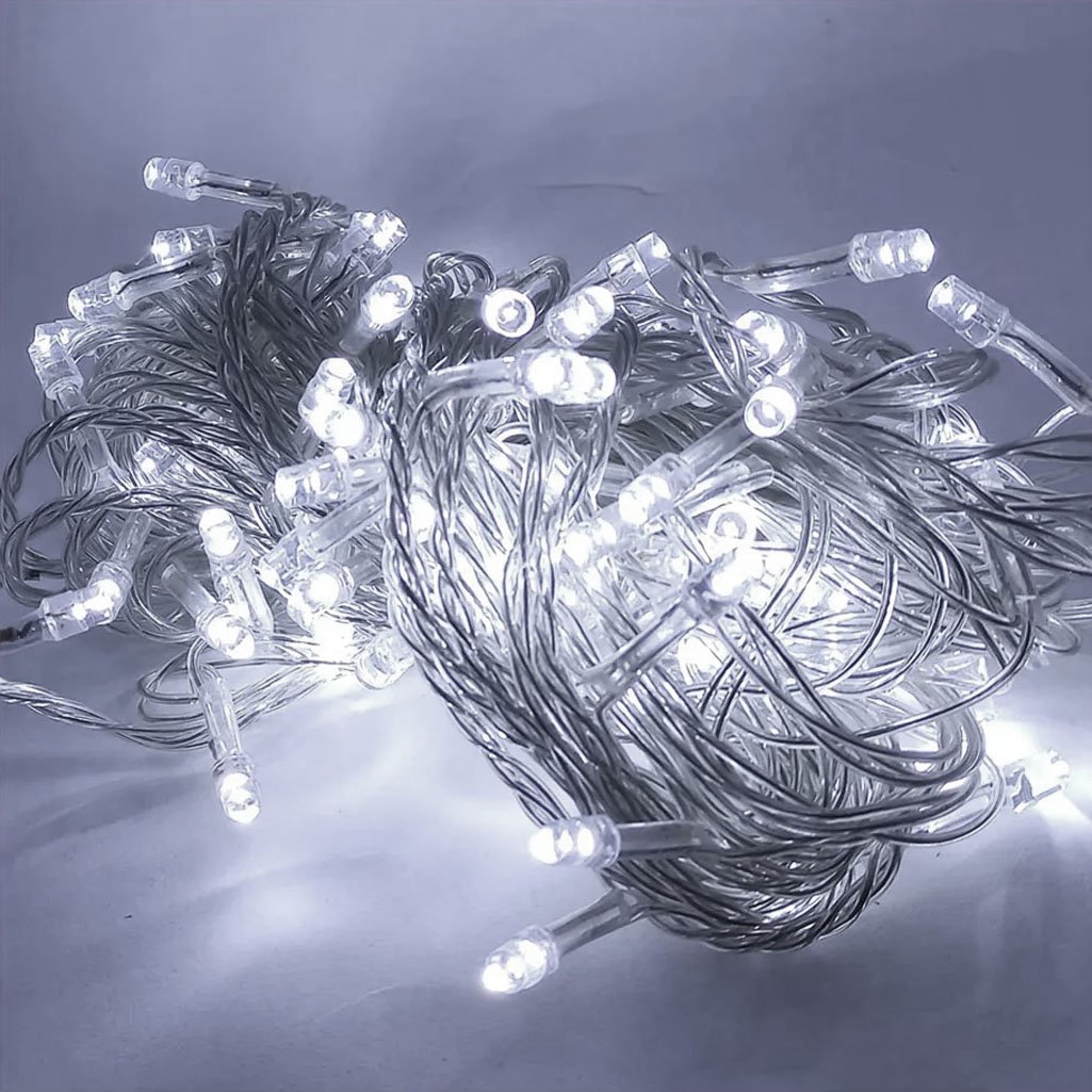 Pisca De Natal 100 Leds Luz Branca 8 Funções Fio Transparente 9,2M 220V