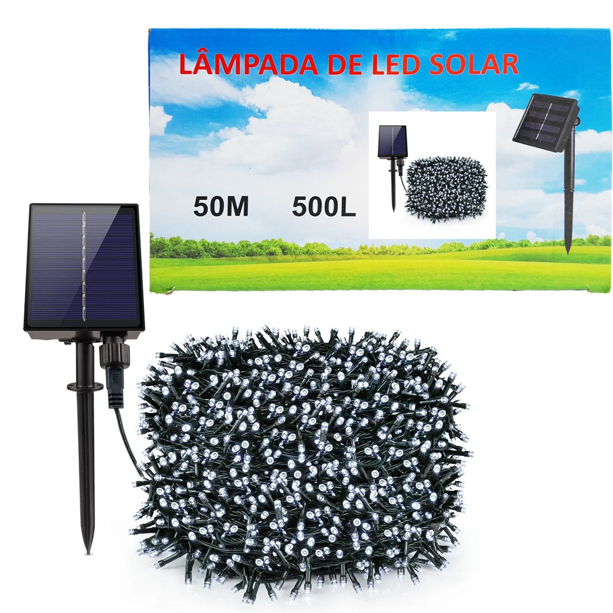 Pisca Fio De LEDs Solar 500 Lâmpadas Decoração Externa 50m