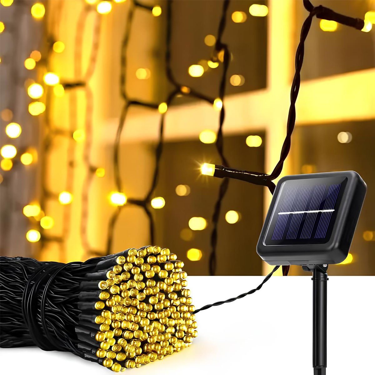 Pisca Fio Luzes LEDs Solar Amarelo 500 Lâmpadas Natal De 50m