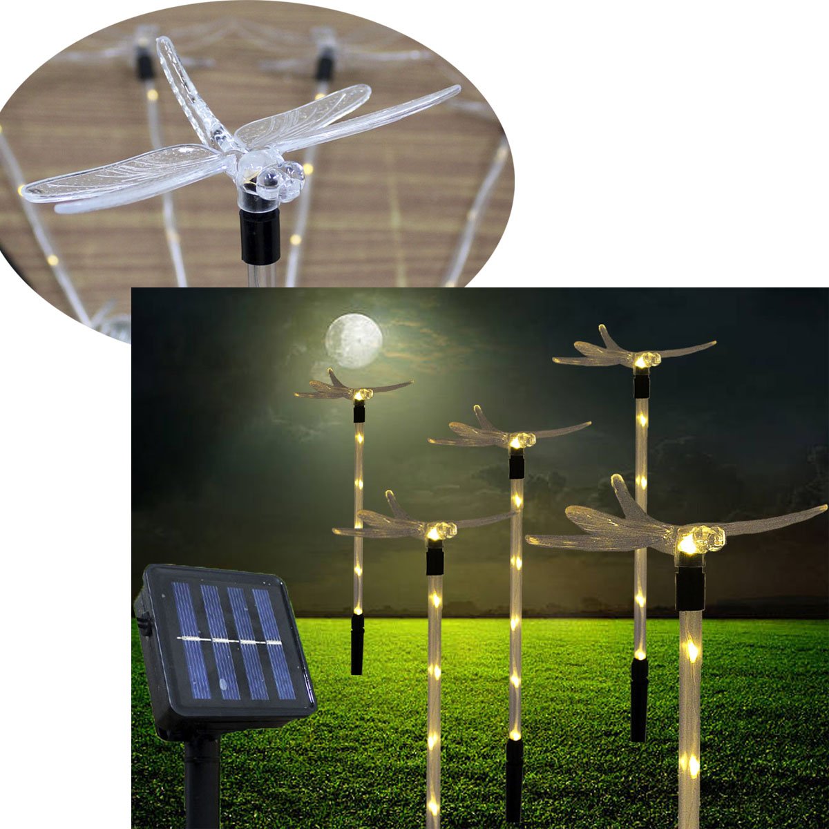 Pisca Solar Decoração Libélula LED Amarelo Jardim Natal 2,5m