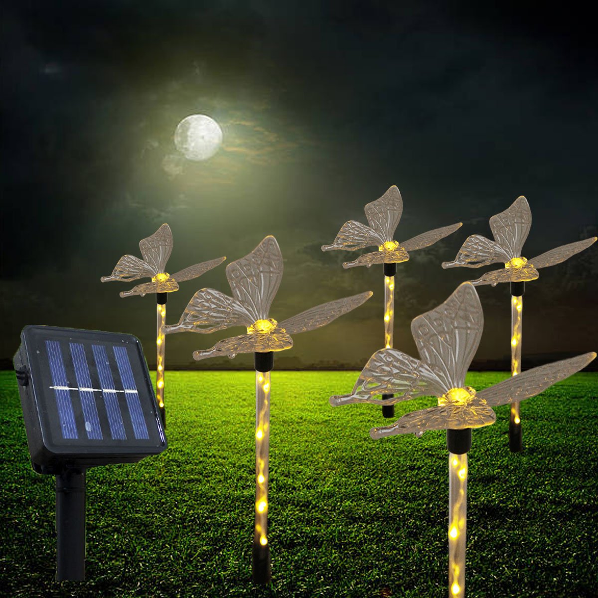 Pisca Solar Enfeite Borboleta LEDs Amarelo Jardim Natal 2,5m