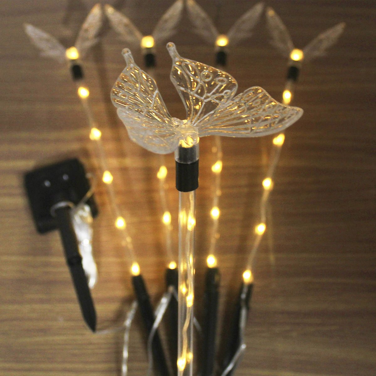 Pisca Solar Enfeite Borboleta LEDs Amarelo Jardim Natal 2,5m