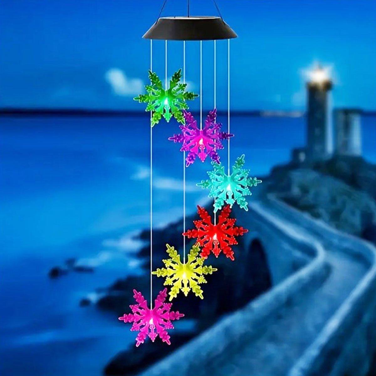 Pisca Solar Giratório Flocos Neve Enfeite Natal LED Colorido