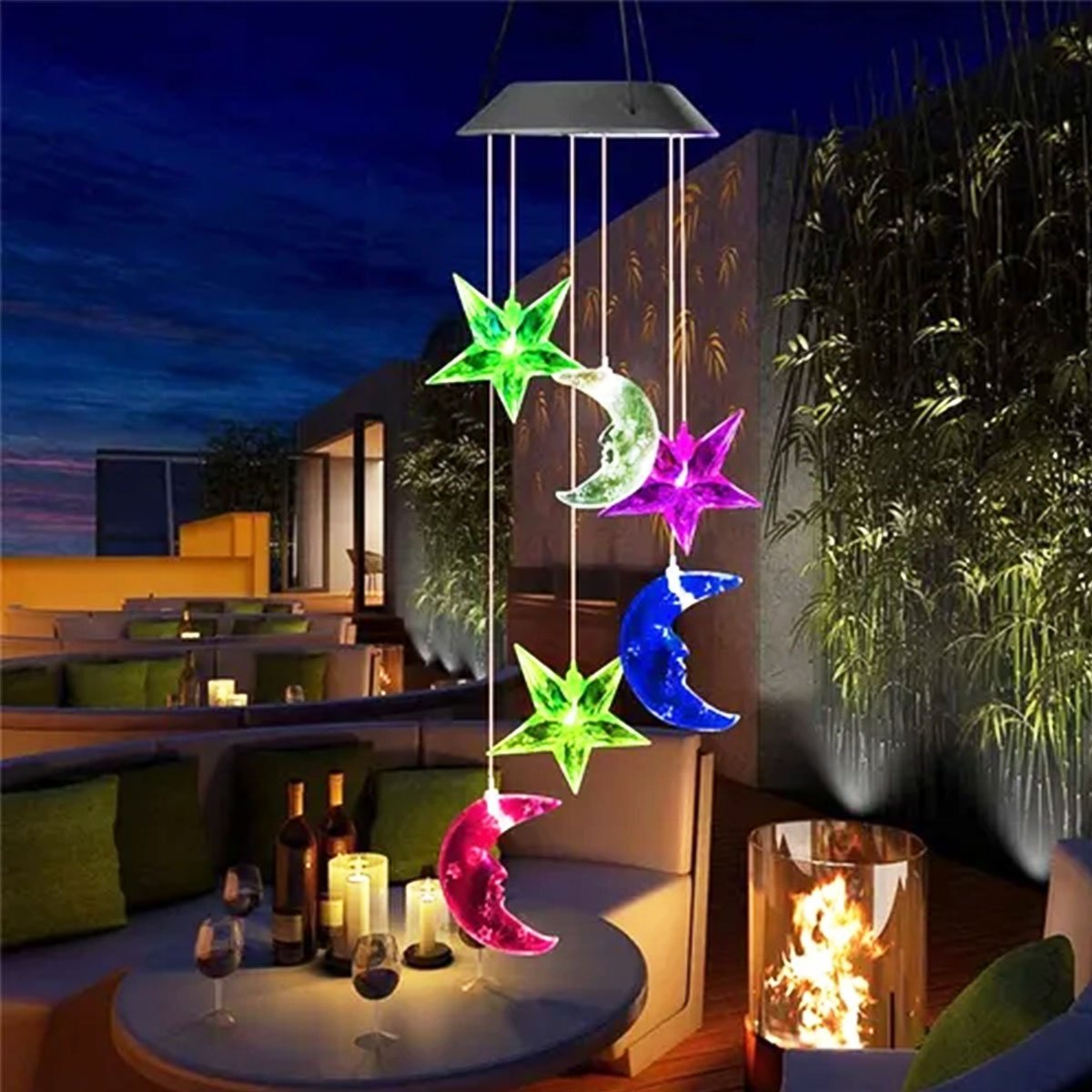 Pisca Solar Giratório Luas Estrelas De Natal LEDs Colorido