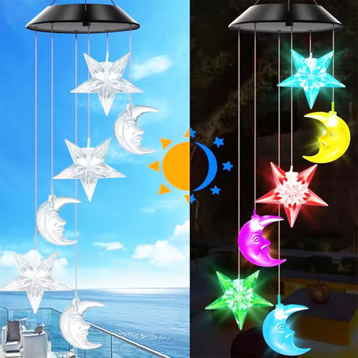 Pisca Solar Giratório Luas Estrelas De Natal LEDs Colorido
