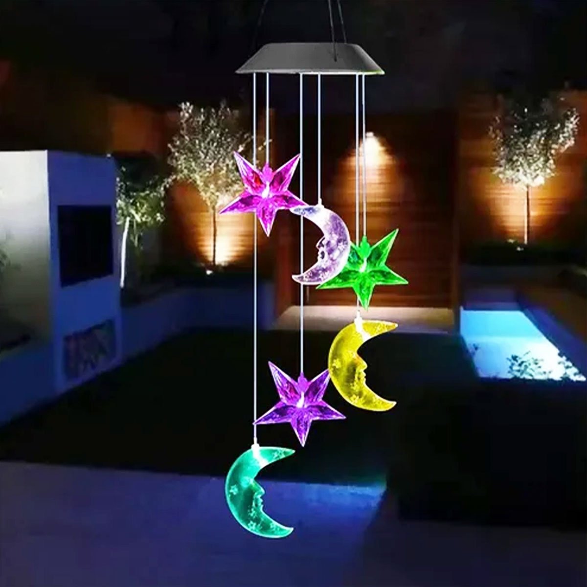 Pisca Solar Giratório Luas Estrelas De Natal LEDs Colorido