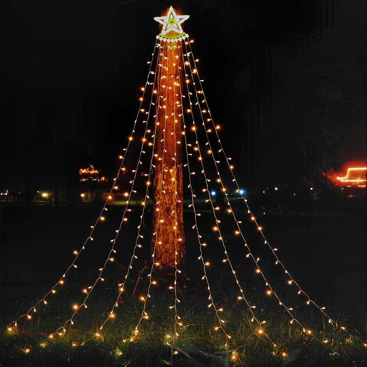 Pisca Solar Luzes LEDs Amarelo Cortina Estrela Forma Árvore