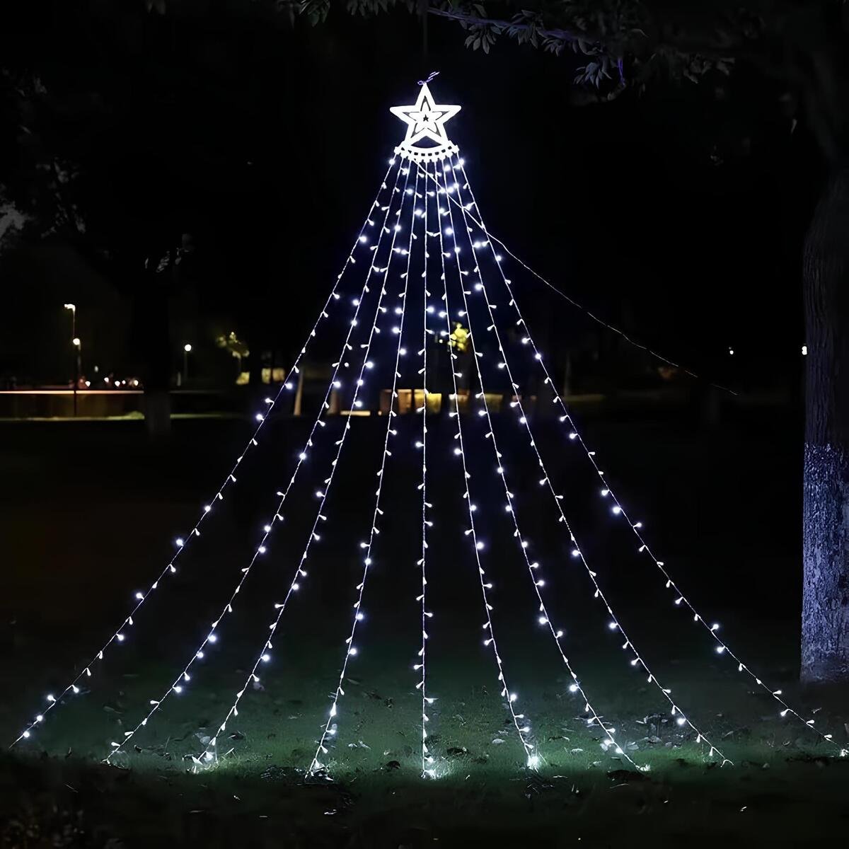 Pisca Solar Luzes LEDs Branco Cortina Estrela Forma Árvore