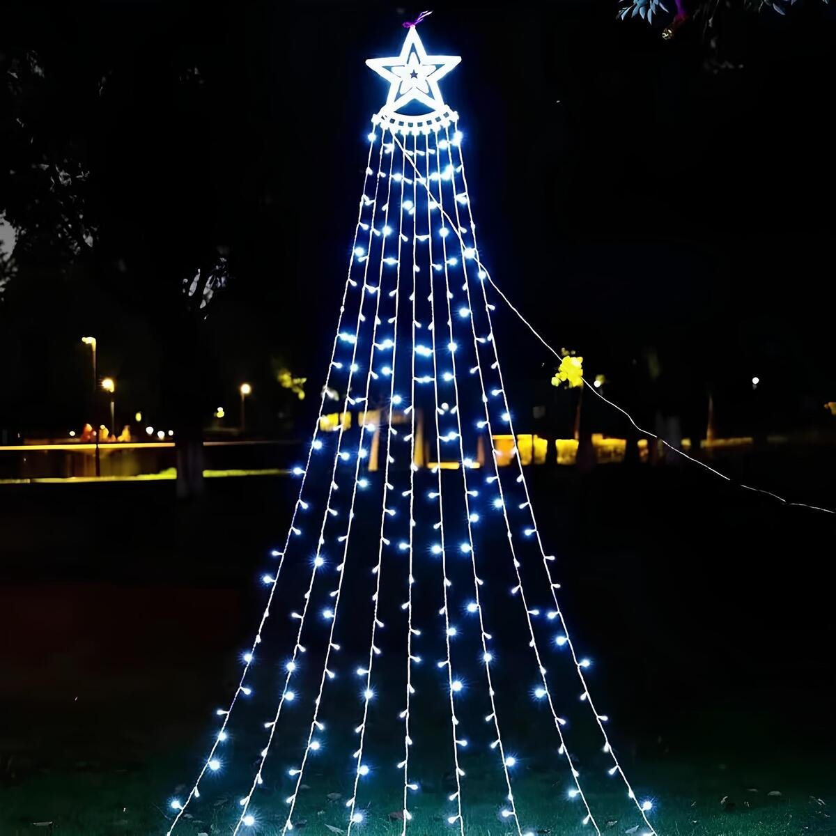 Pisca Solar Luzes LEDs Branco Cortina Estrela Forma Árvore