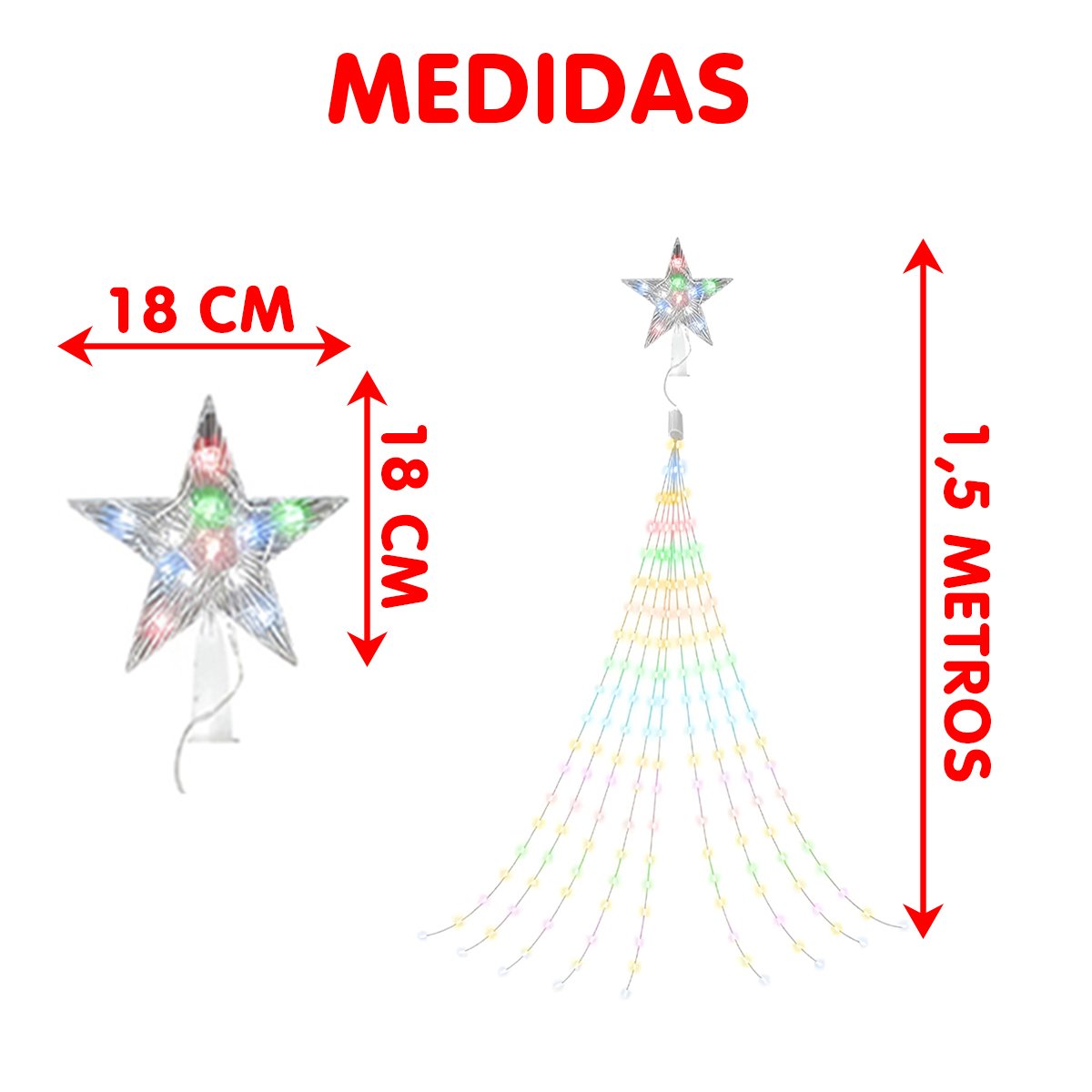 Ponteira Estrela Luzes LEDs Branco Enfeite Natal 1,5m Bivolt