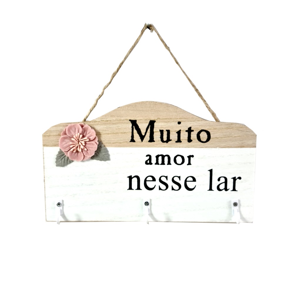 Porta Chaves Parede Criativo em MDF 3 Ganchos Muito Amor Nesse Lar