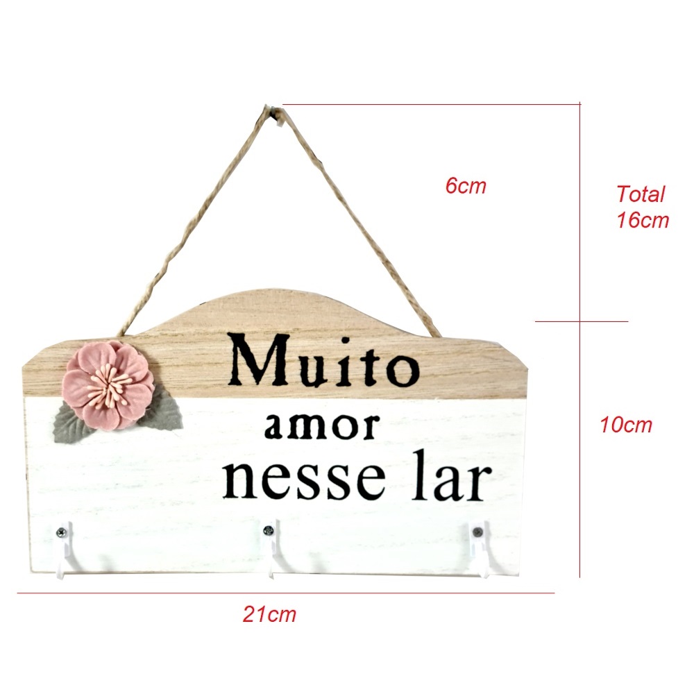 Porta Chaves Parede Criativo em MDF 3 Ganchos Muito Amor Nesse Lar