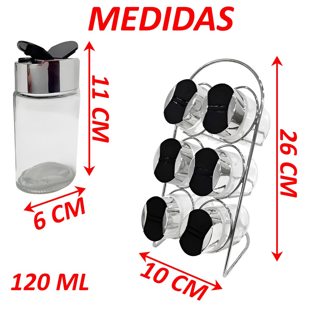 Porta Condimentos Temperos Vidro Conjunto 6pçs Com Suporte