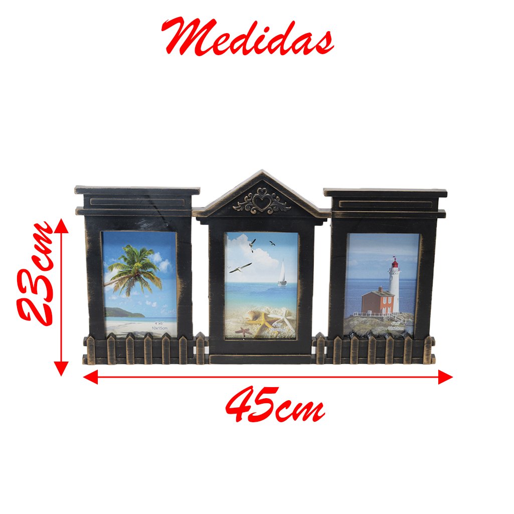 Porta Retrato Quadro De Parede Mural Triplo Preto 23x45cm