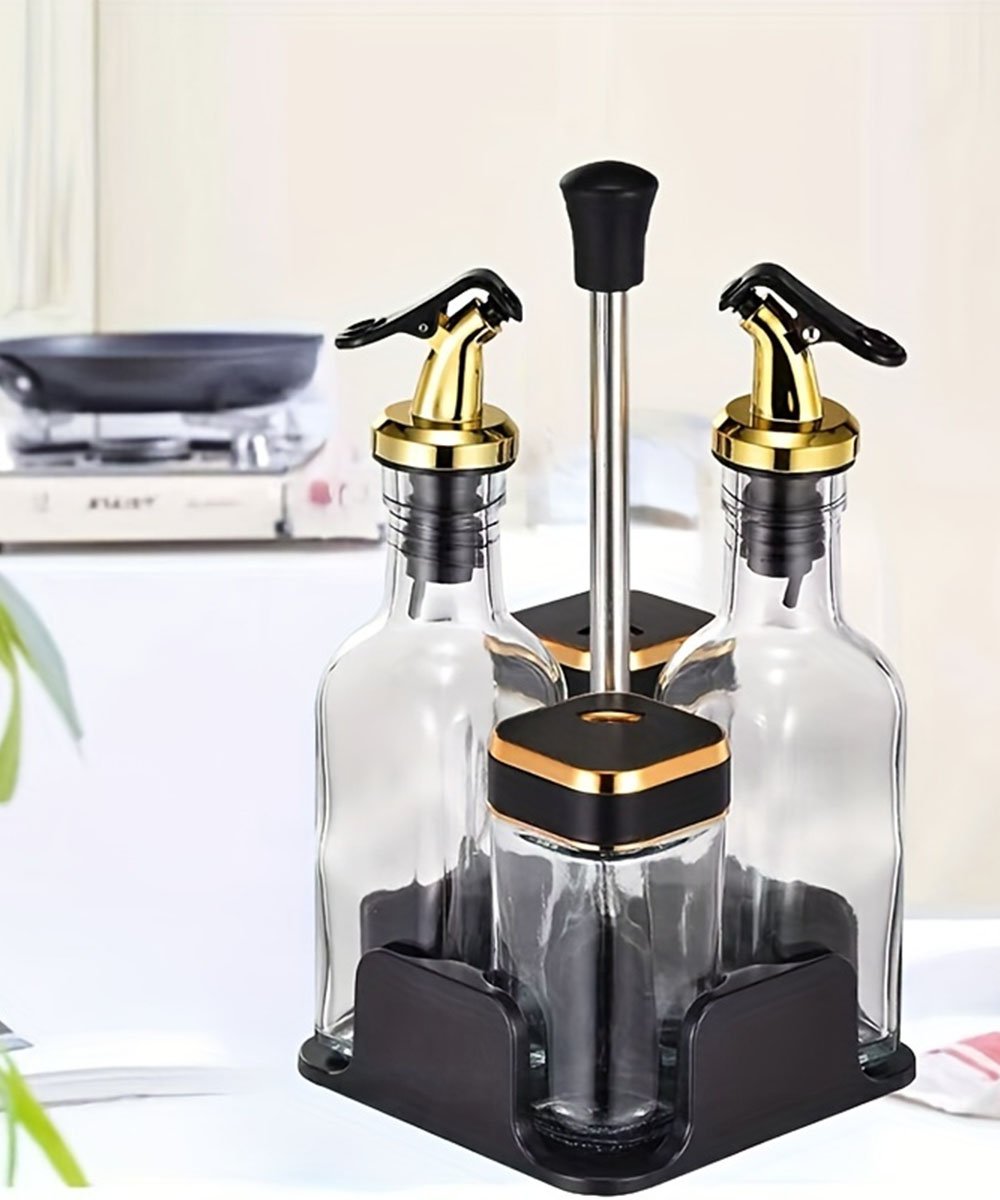 Porta Temperos Condimentos Galheteiro Dourado Suporte 4Pçs