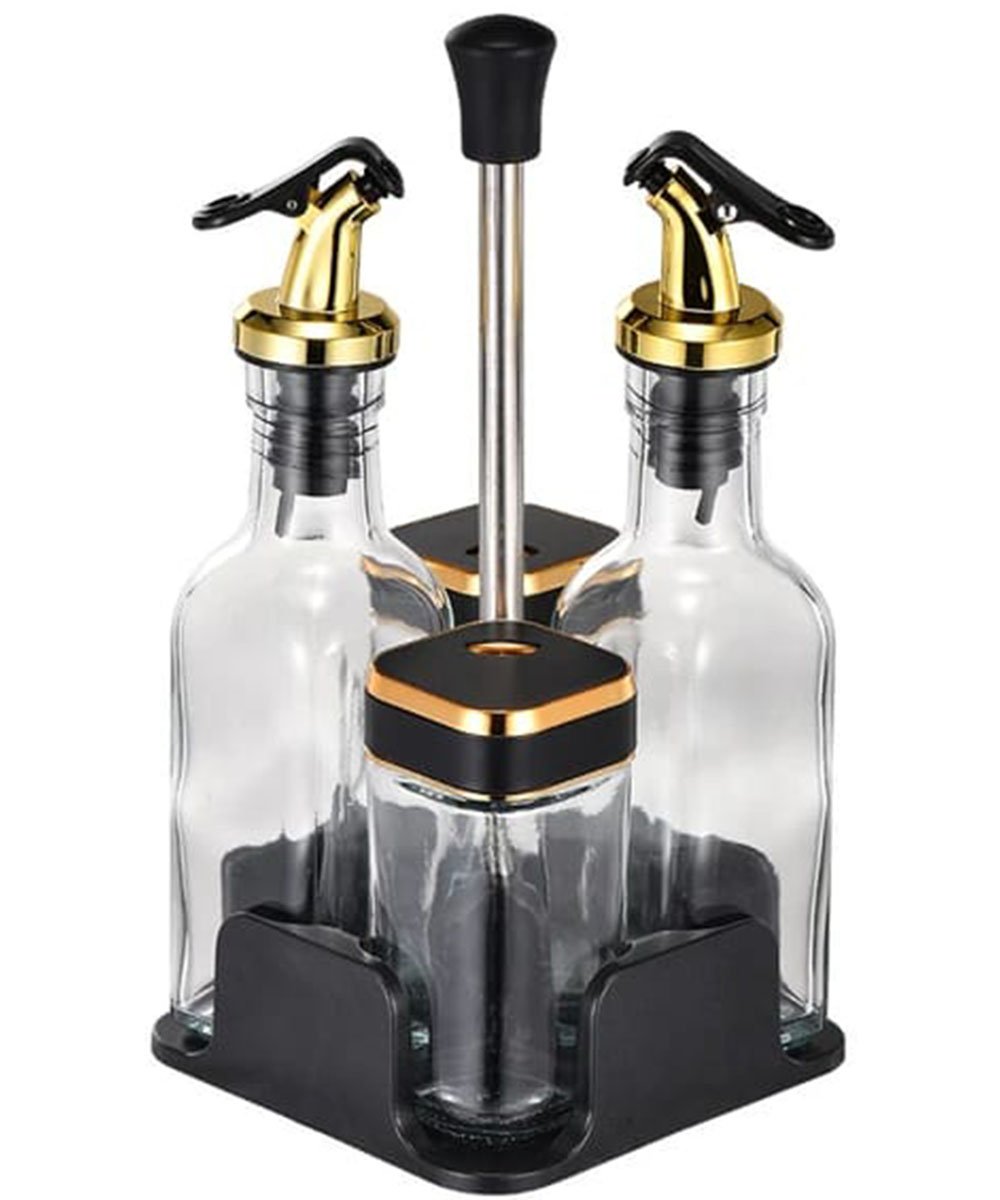 Porta Temperos Condimentos Galheteiro Dourado Suporte 4Pçs