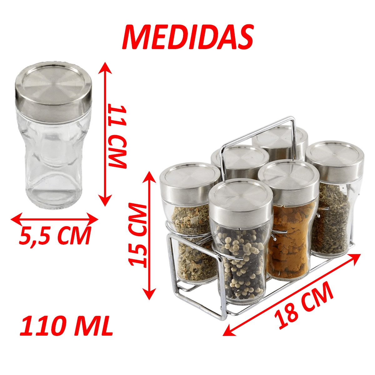 Porta Temperos Condimentos Vidro Conjunto 6pçs Com Suporte